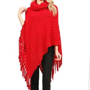 RED COWL NECK FRINGED PONCHO
